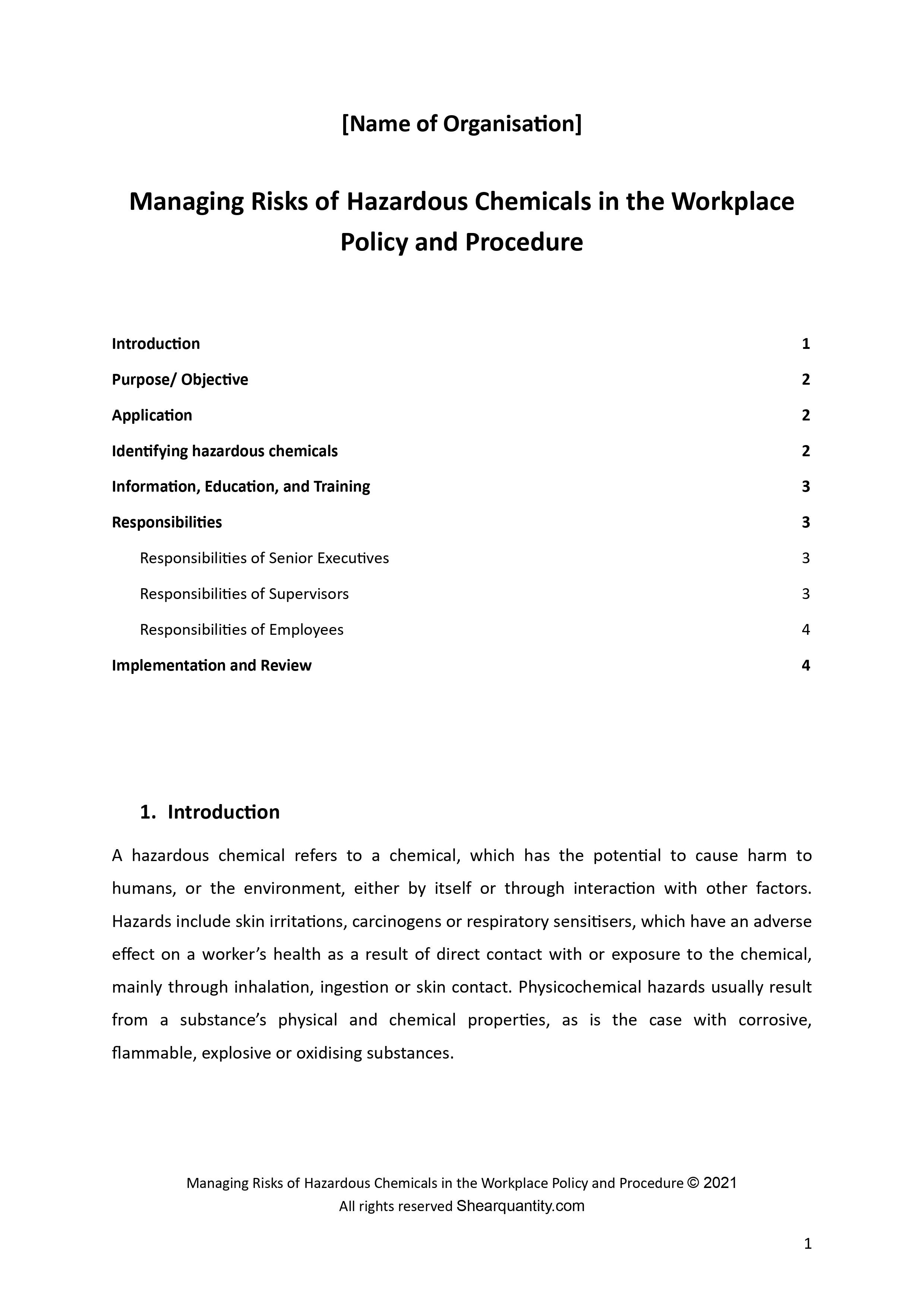Managing Risks of Hazardous Chemicals in the Workplace Policy and Procedure