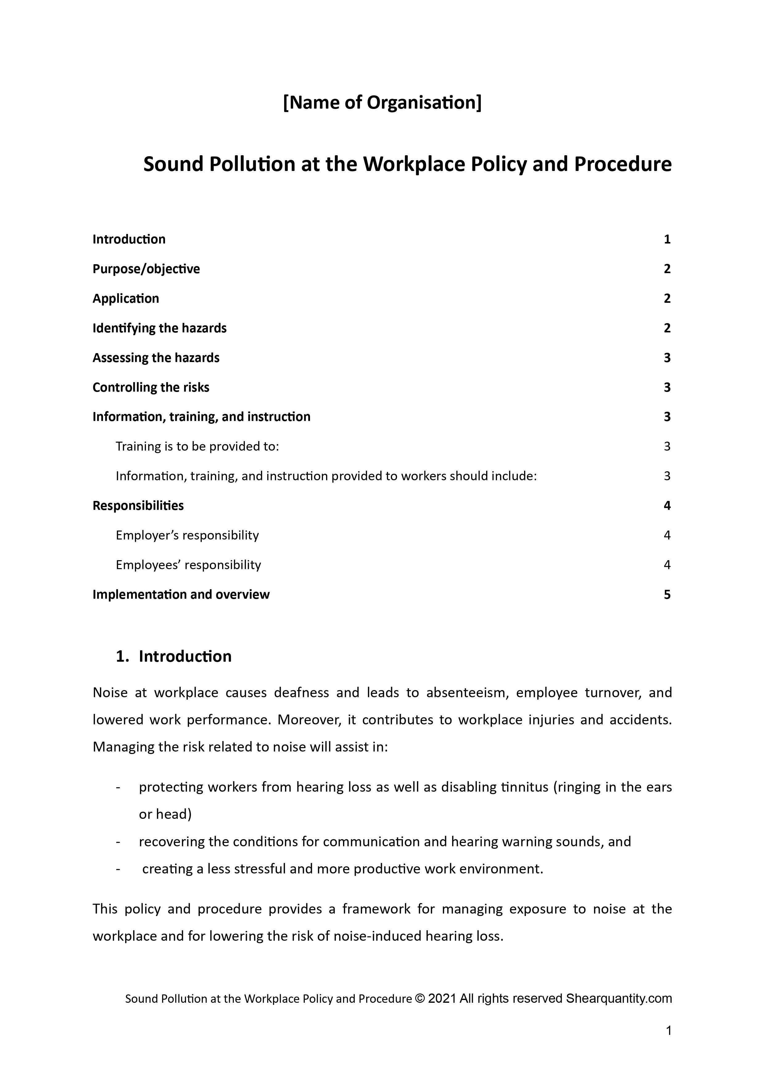 Sound Pollution at the Workplace Policy and Procedure