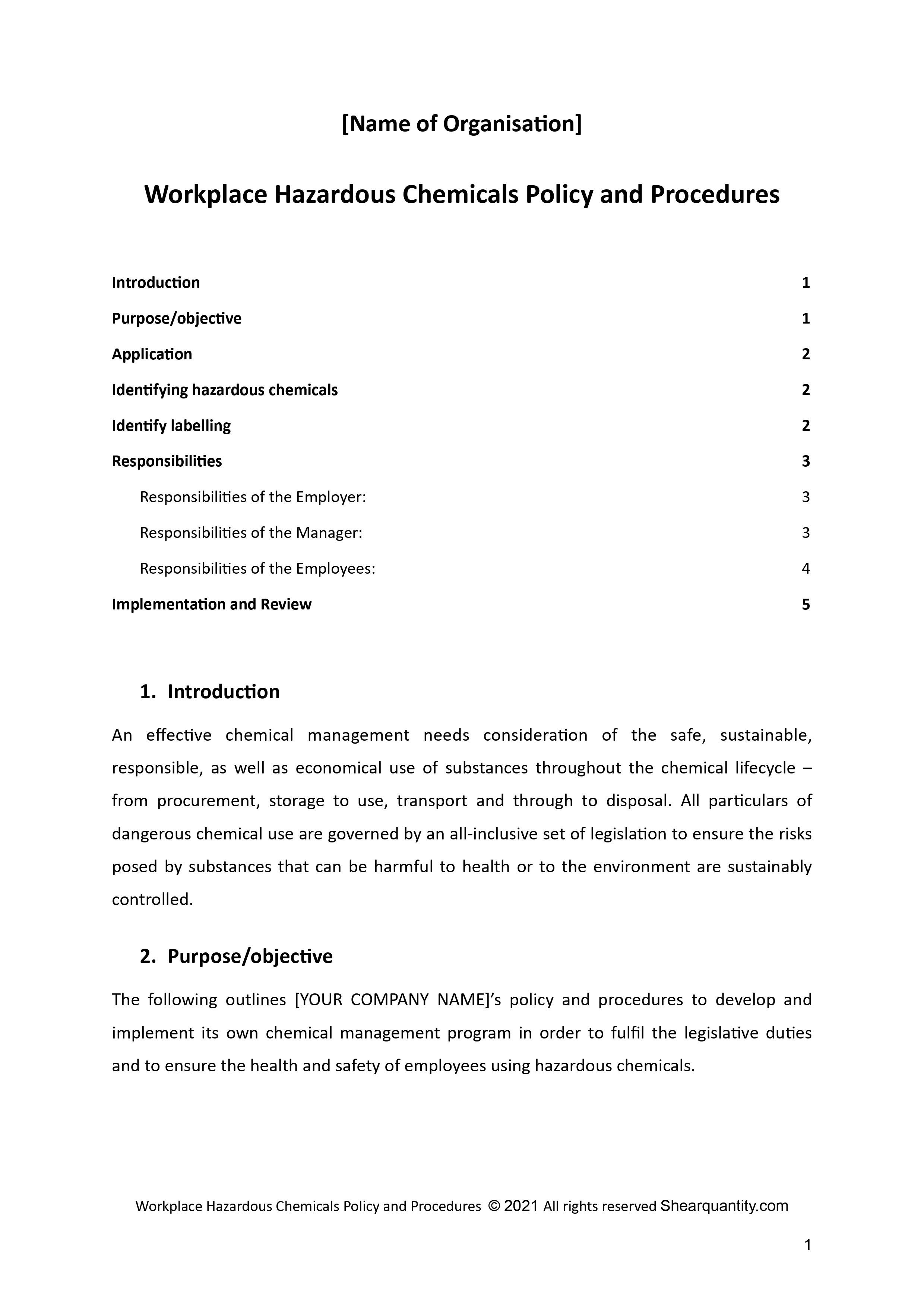 Workplace Hazardous Chemicals Policy & Procedures